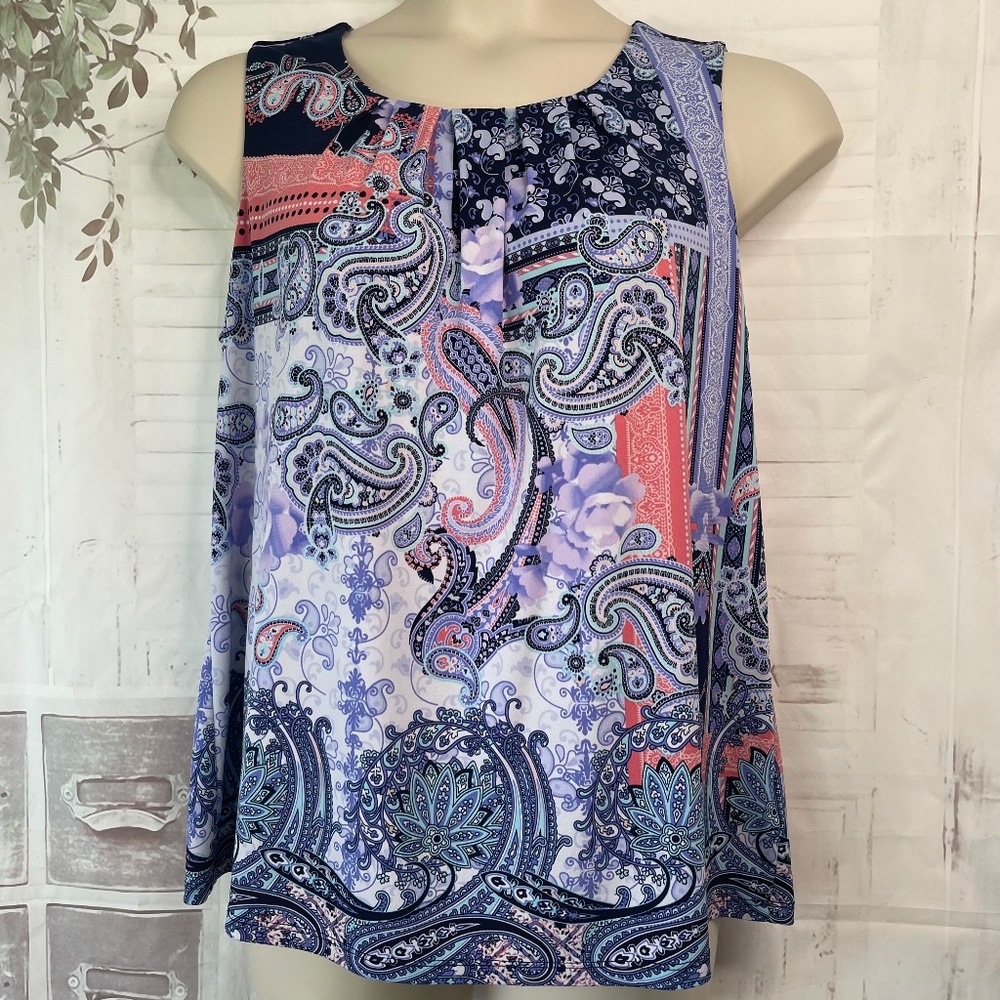 Charter Club Woman Womens Blue Paisley Pleated Neckline Career Tank Top Plus OX